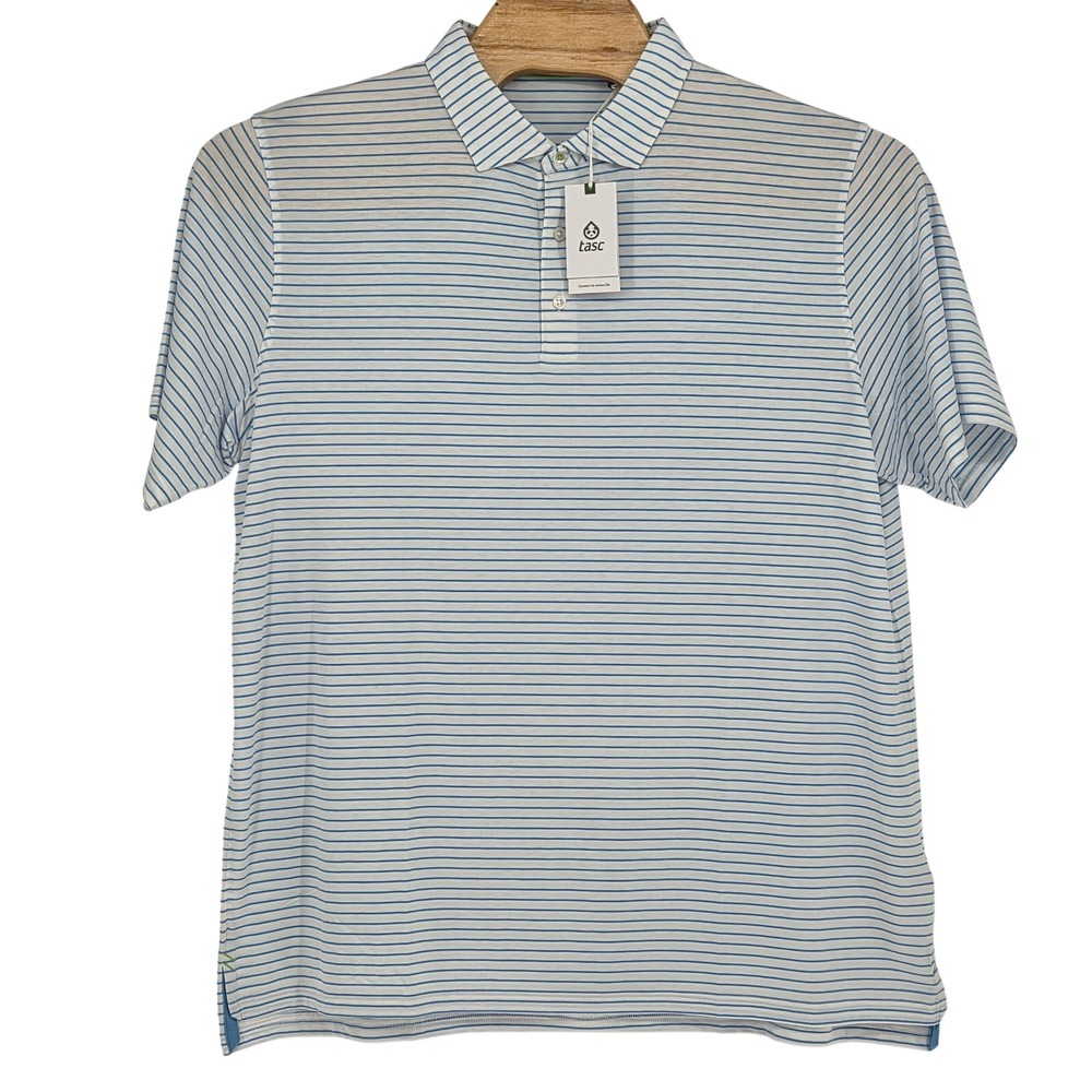 Tasc Performance NWT Men XXL Cloud Polo Short Sleeve Brookline Stripe White Blue
